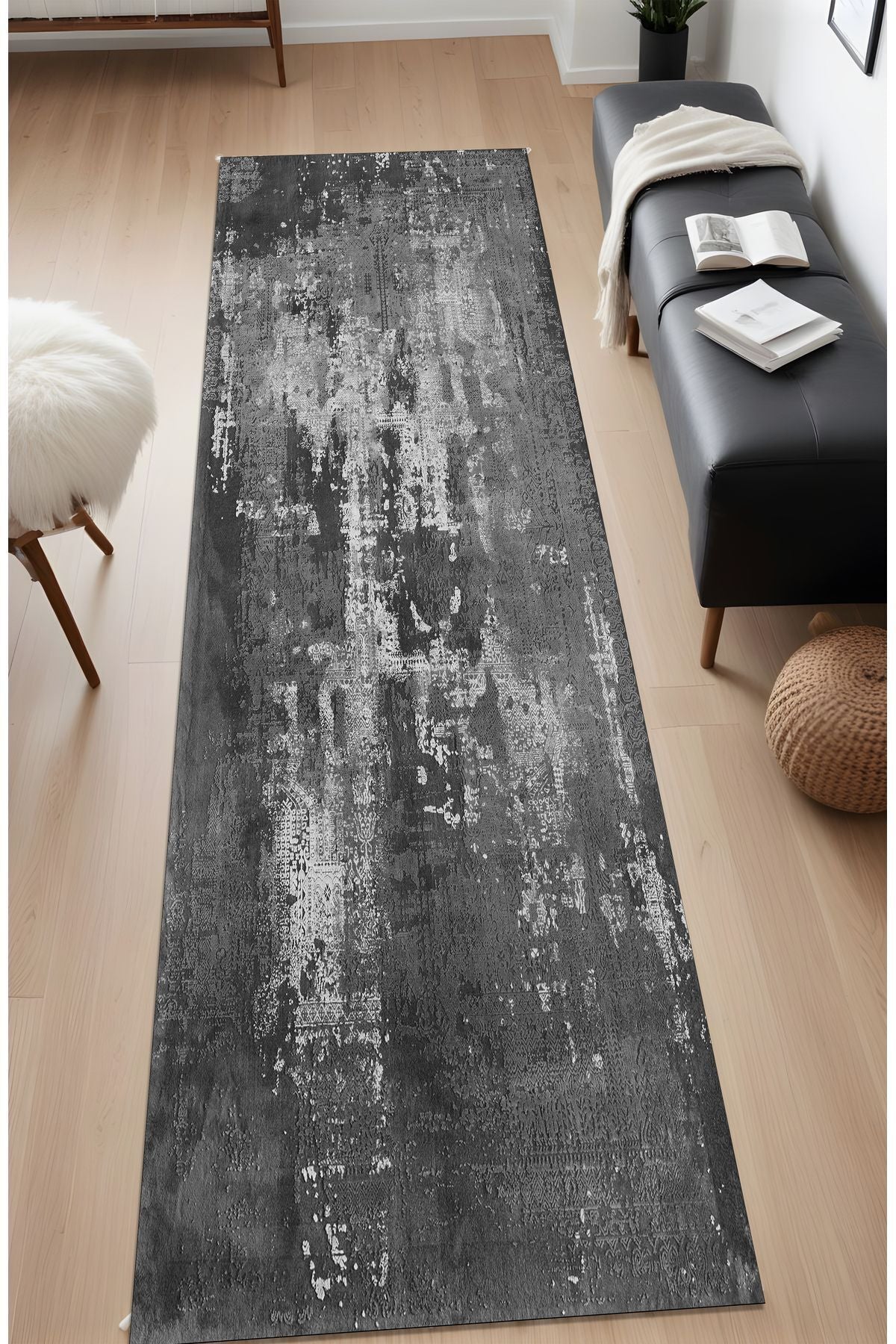 Dijital Baskı Koyu Gri Renk Modern Tarz Geçişli Dekoratif Makinada Yıkanabilir Salon Yolluk Halısı