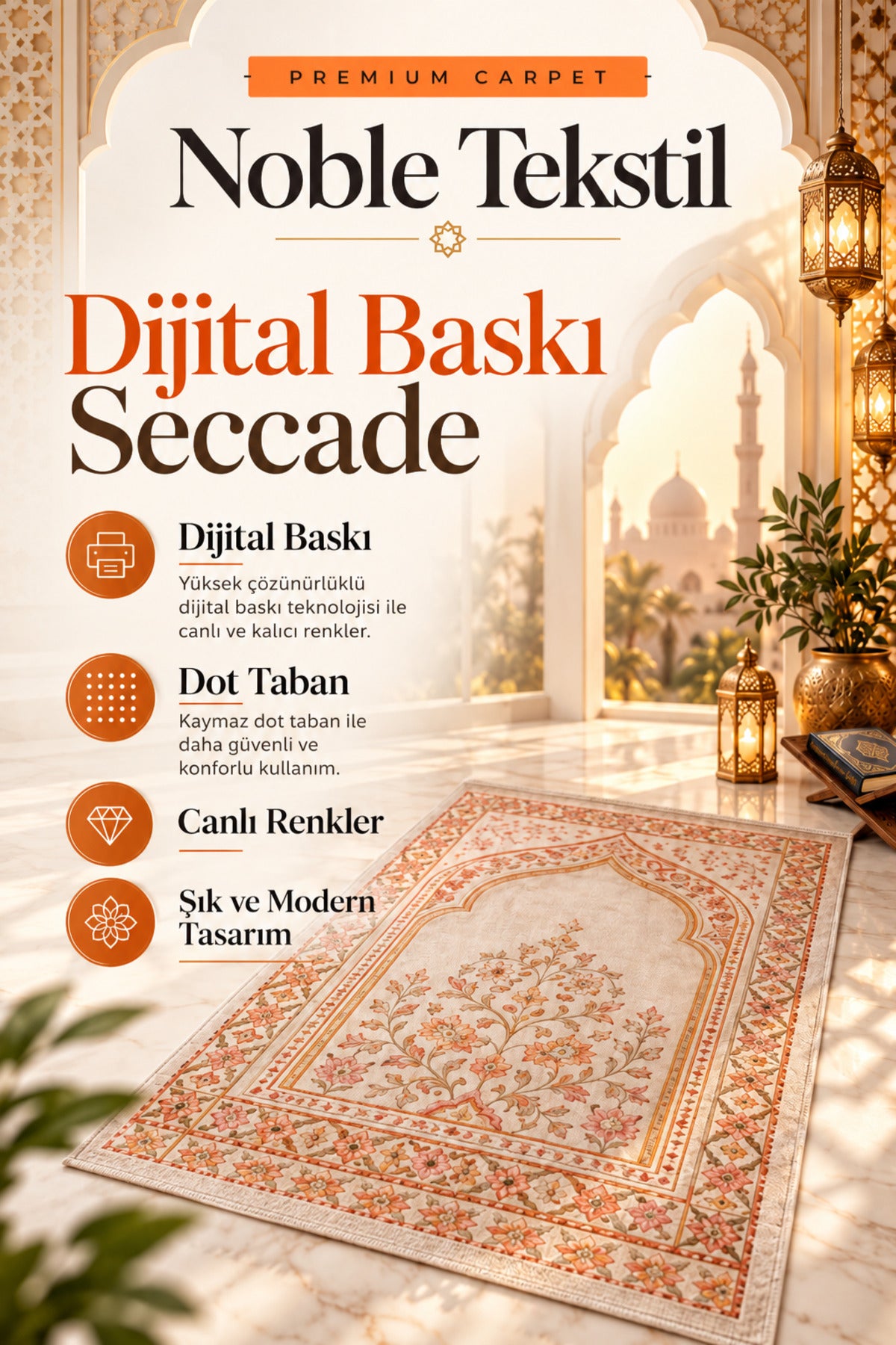 Dijital Baskı Tok Taban Yumuşak Mavi Kaymaz Taban Seccade Namazlık 70x110