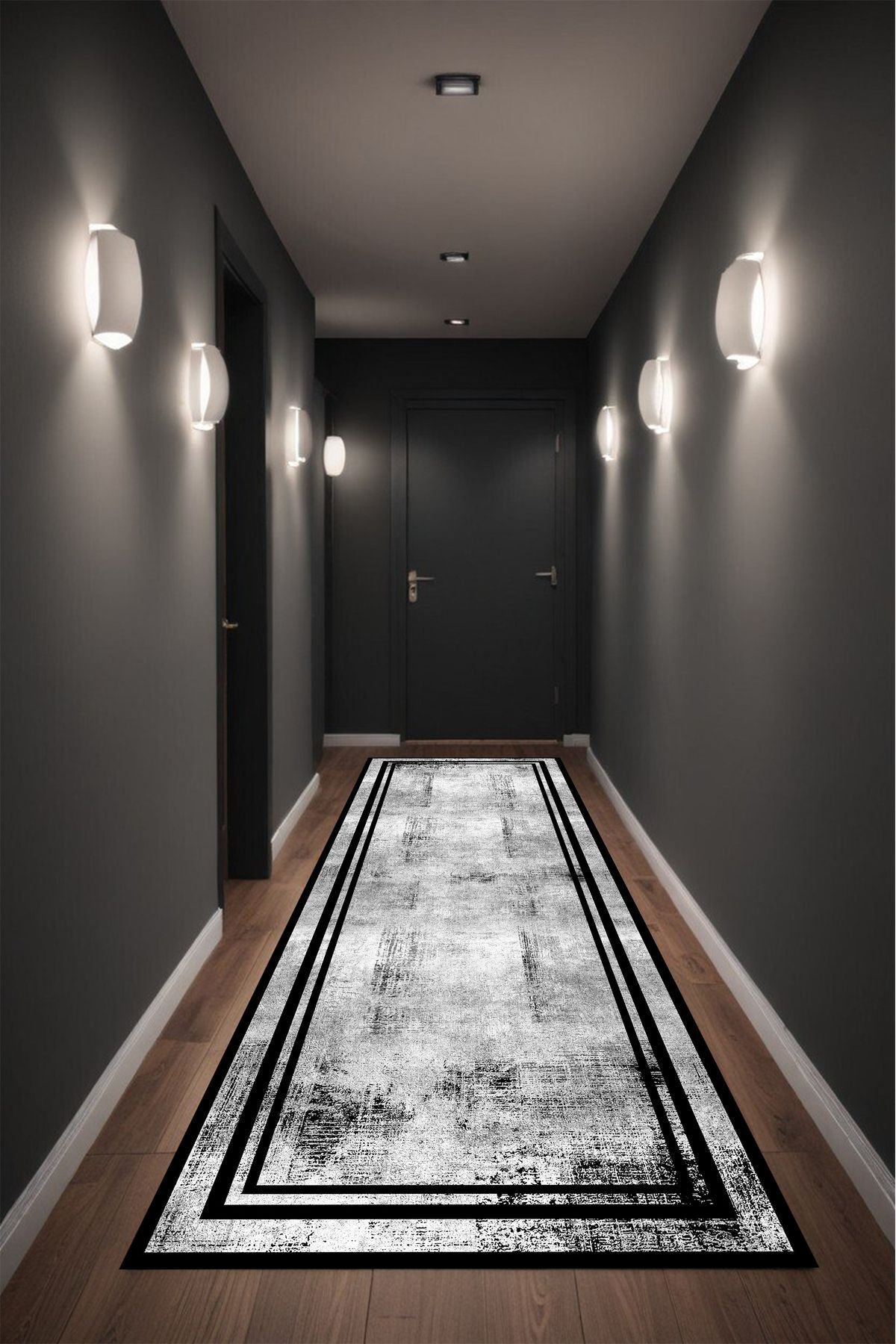 Dijital Baskı Siyah Çerçeveli Gri Renkli Modern Dekoratif Makinada Yıkanabilir Salon Yolluk Halısı