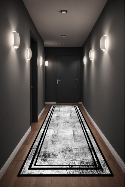Dijital Baskı Siyah Çerçeveli Gri Renkli Modern Dekoratif Makinada Yıkanabilir Salon Yolluk Halısı