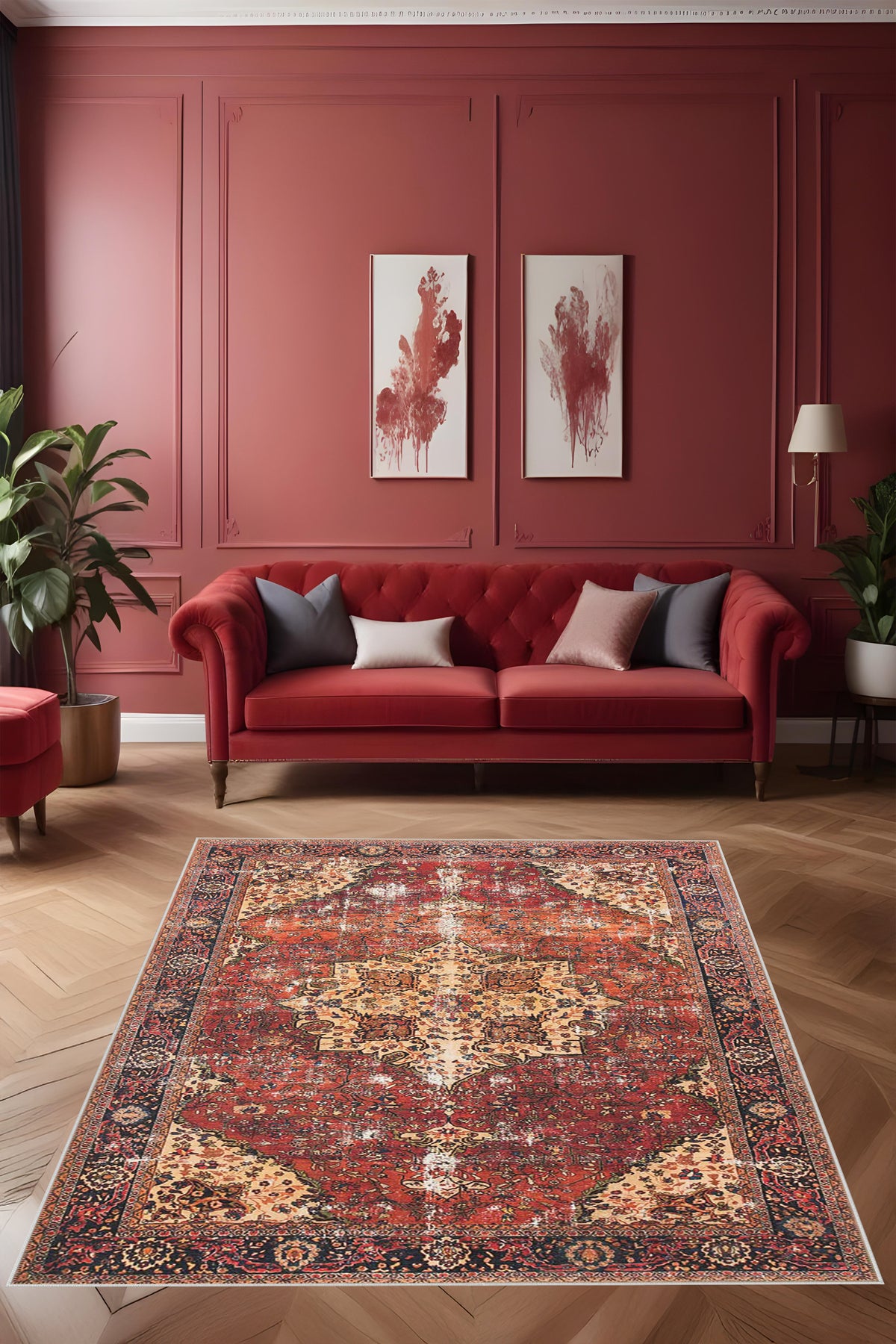 Dijital Baskı Klasik Desenli Çerçeveli Dekoratif Makinada Yıkanabilir Salon ve Yolluk Halısı