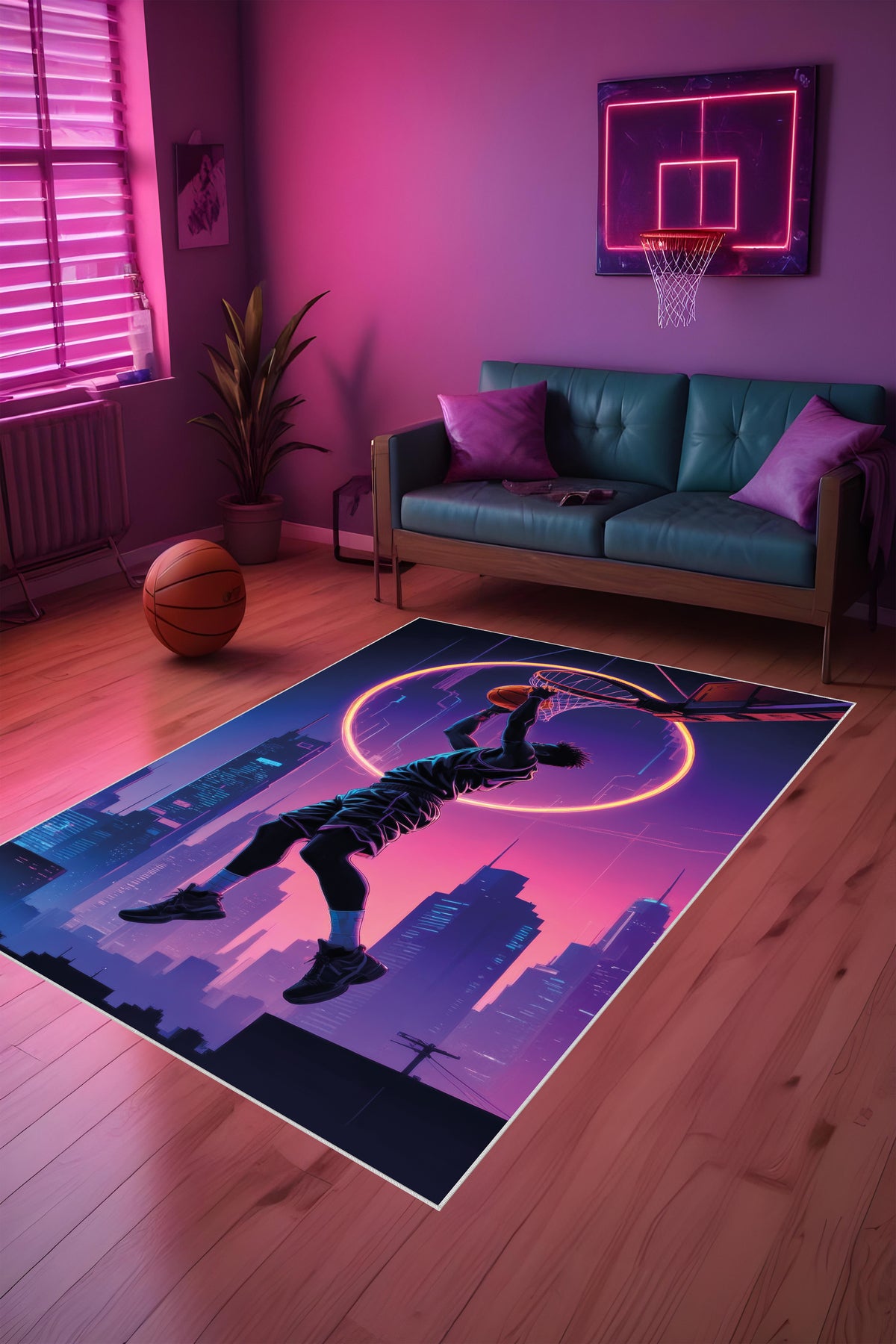 Dijital Baskı Mor Smaç Tonlu Basketbol Temalı Makinada Yıkanabilir Genç Odası Salon ve Yolluk Halısı