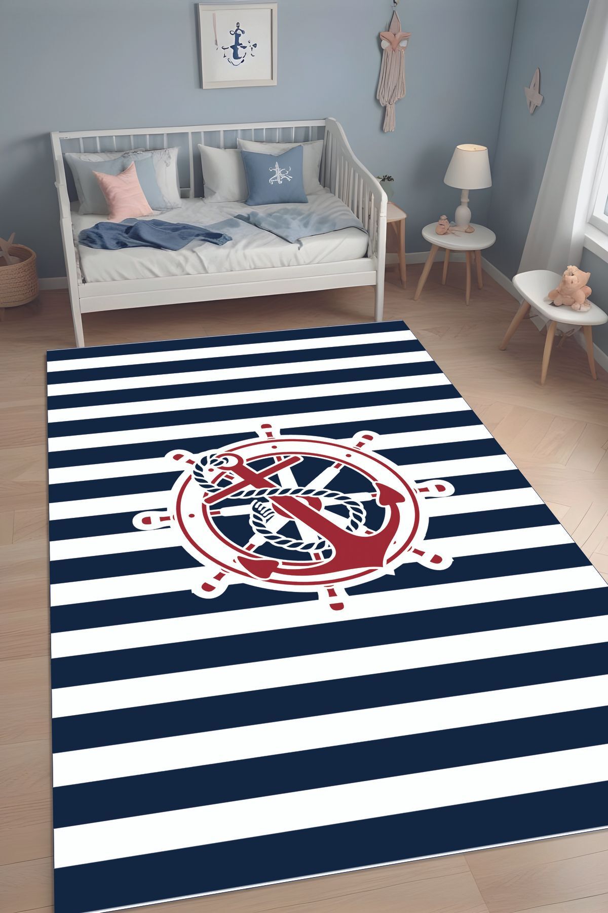 Dijital Baskı Denizci Çengel Desen Dekoratif Makinada Yıkanabilir Bebek ve Çocuk Halı