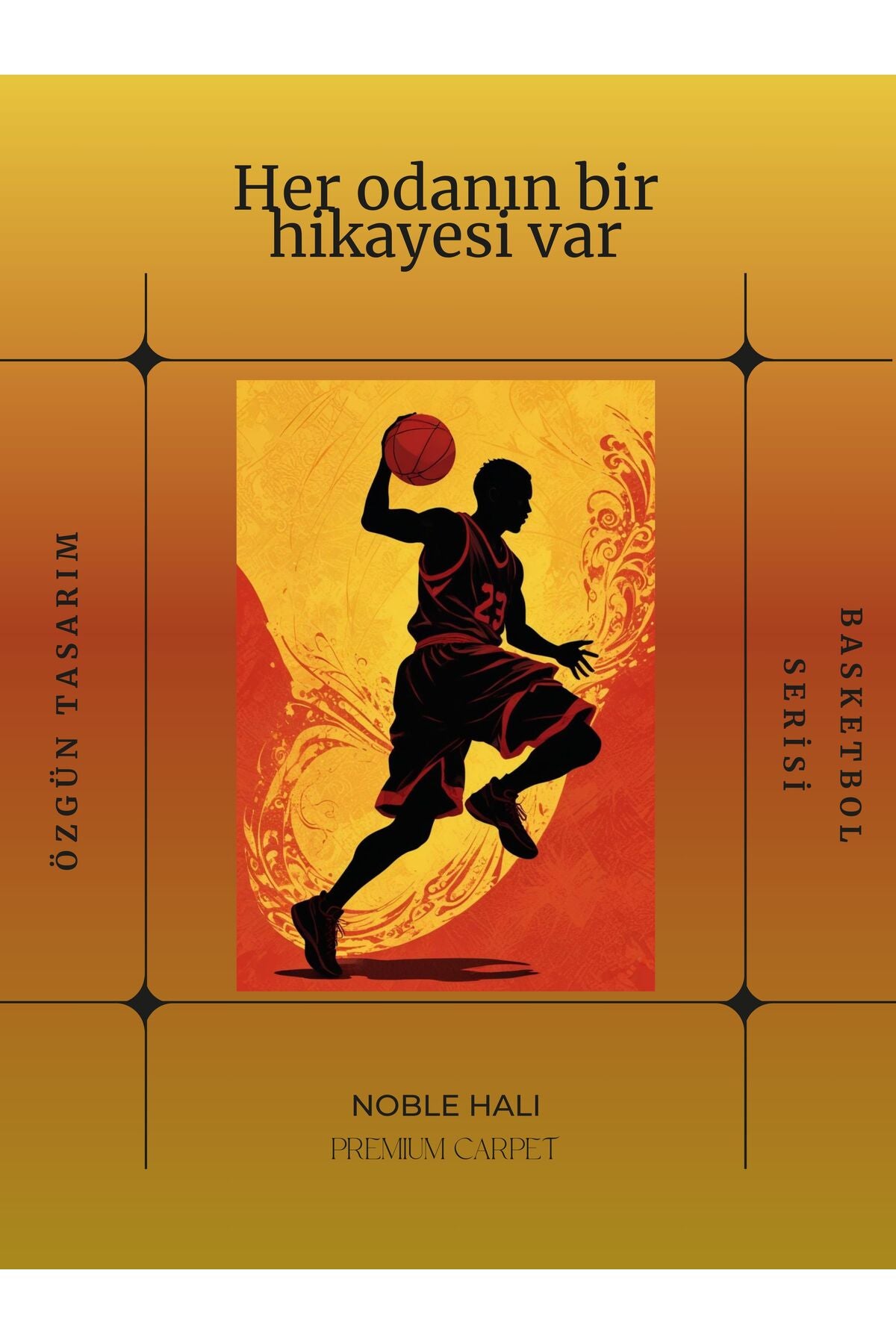 Dijital Baskı Sarı Kırmızı Basketbol Silüetli Makinada Yıkanabilir Genç Odası Salon ve Yolluk Halısı