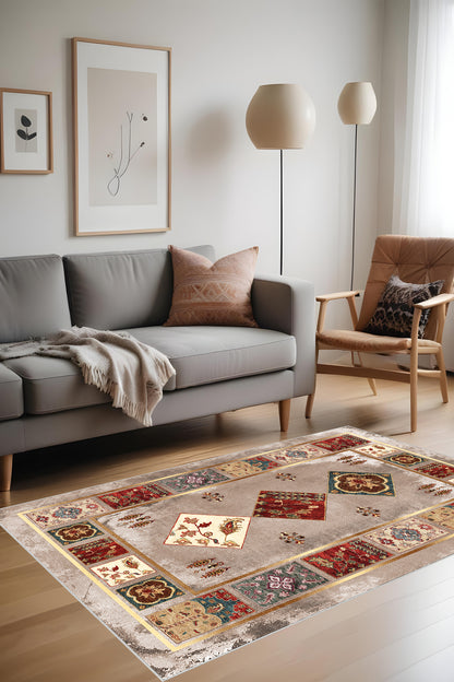 Dijital Baskı Klasik Desenli Kilim Görünümlü Dekoratif Makinada Yıkanabilir Salon ve Yolluk Halısı