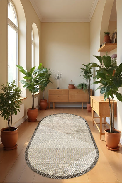 Dijital Baskılı Kahve Renkli Tonlu Üçgen Piramit Desen Makinada Yıkanabilir Oval Salon Yolluk Halısı