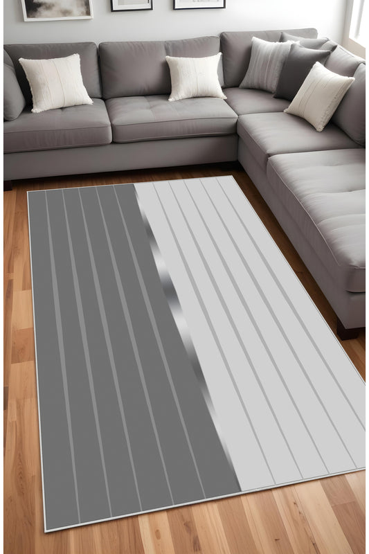 Dijital Baskı Gri Geometrik Paralel Çizgili Dekoratif Makinada Yıkanabilir Yolluk ve Salon Halısı