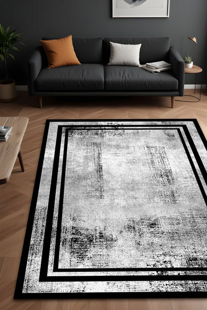 Dijital Baskı Siyah Çerçeveli Gri Renkli Modern Dekoratif Makinada Yıkanabilir Salon Yolluk Halısı