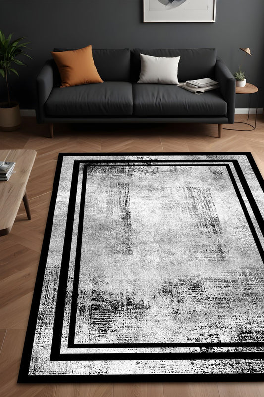 Dijital Baskı Siyah Çerçeveli Gri Renkli Modern Dekoratif Makinada Yıkanabilir Salon Yolluk Halısı