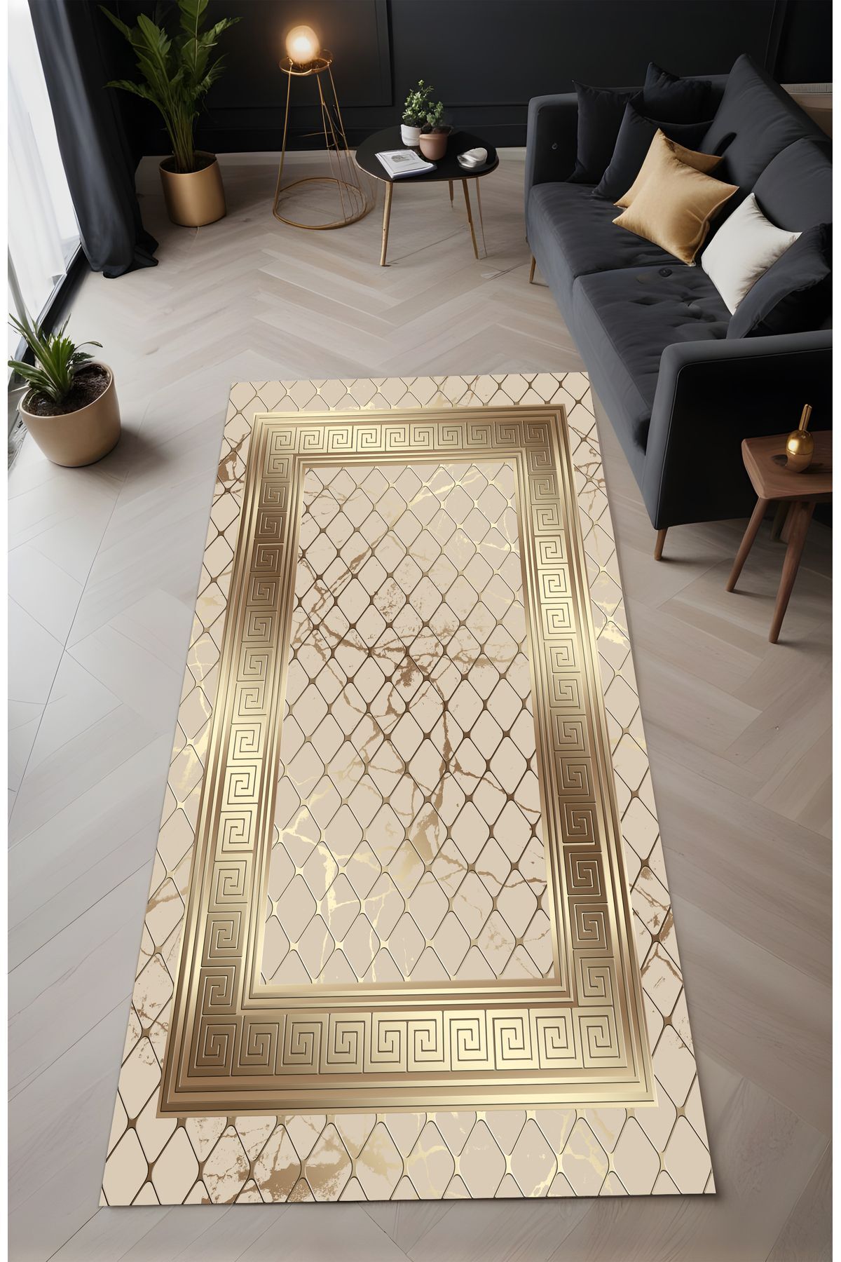 Dijital Baskı File Desen Gold Çerçeveli Dekoratif Makinada Yıkanabilir Salon ve Yolluk Halısı