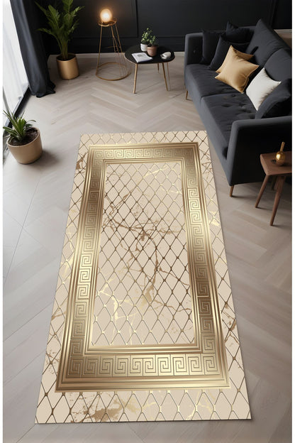 Dijital Baskı File Desen Gold Çerçeveli Dekoratif Makinada Yıkanabilir Salon ve Yolluk Halısı