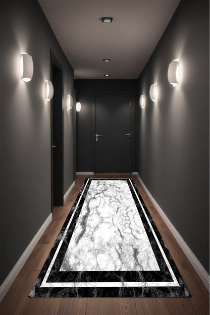 Dijital Baskı Gri Mermer Desen Siyah Çerçeveli Dekoratif Makinada Yıkanabilir Salon Yolluk Halısı