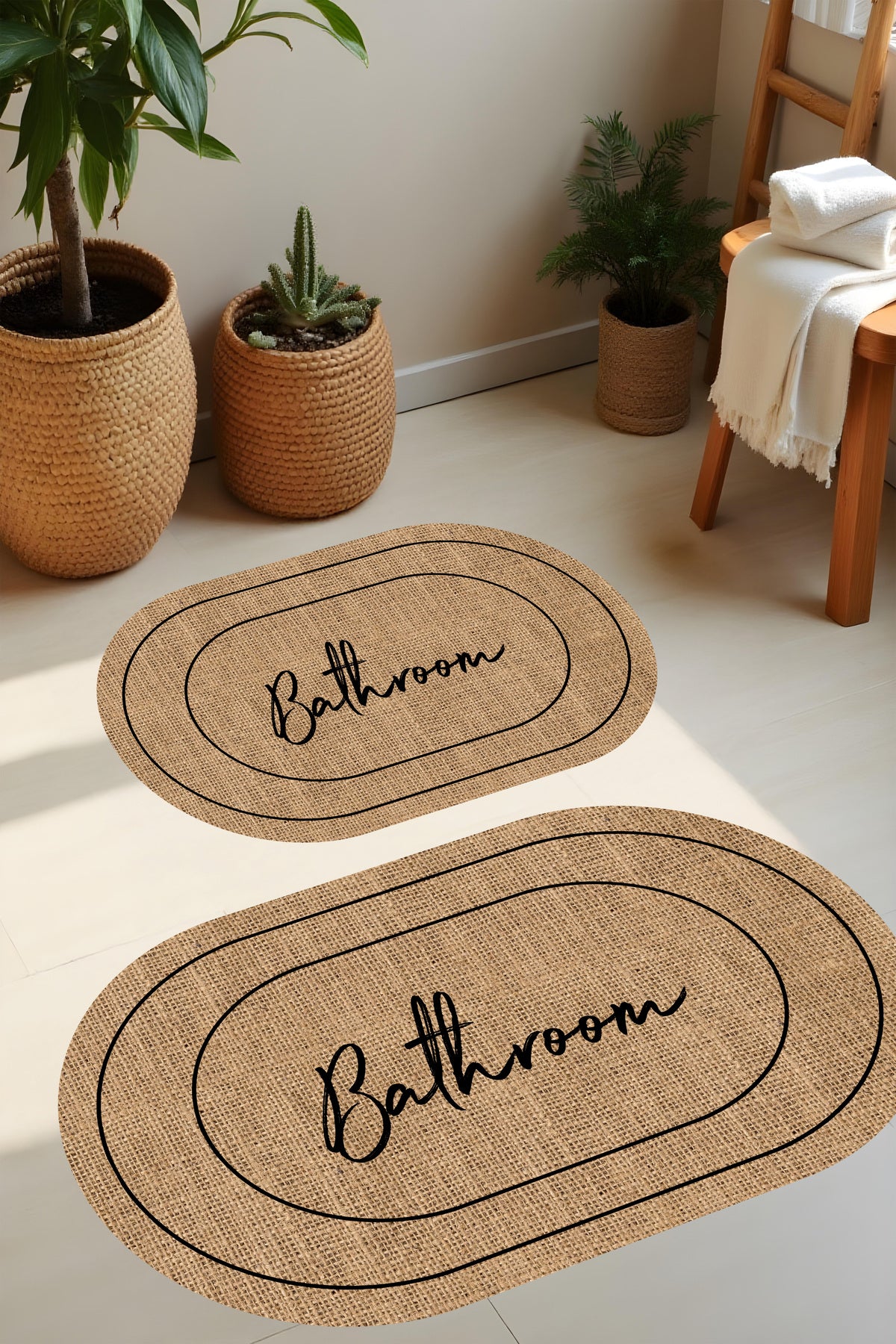 Dijital Baskı Hasır Desenli Modern Banyo Halısı İkili Banyo Paspası(40cmx60cm)ve(60cmx100cm)