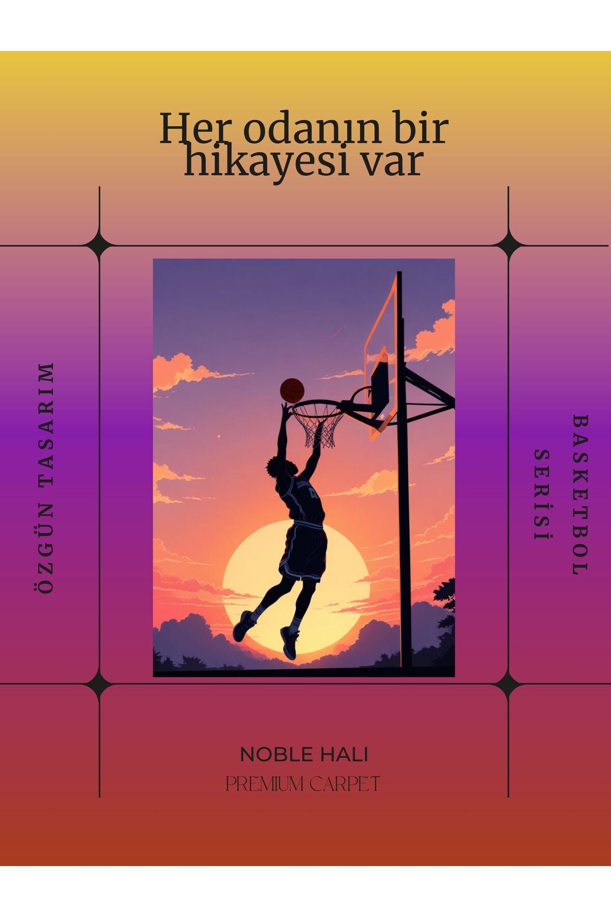 Dijital Baskı Gün Batımı Basketbol Temalı Makinada Yıkanabilir Genç Odası Salon ve Yolluk Halısı