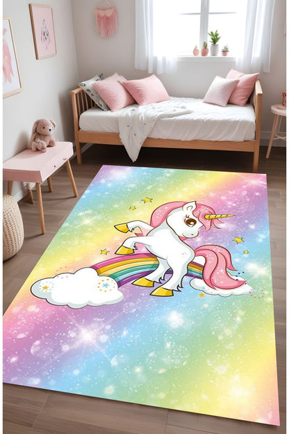 Dijital Baskı Unicorn Gökkuşağı Desen Rengarenk Makinada Yıkanabilir Çocuk Halısı Genç Halısı