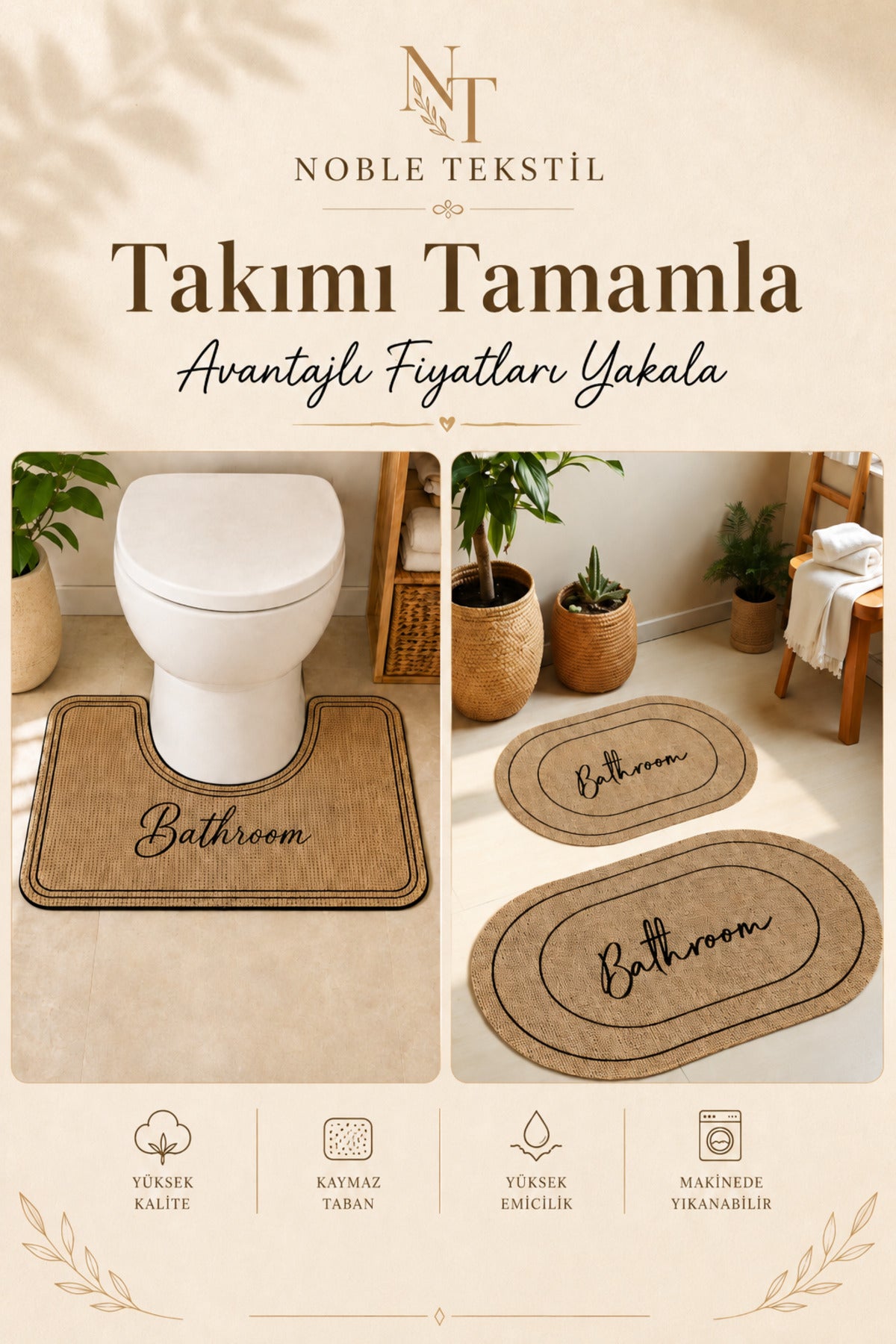 Dijital Kaymaz Yıkanabilir Hasır Görünümlü Klozet Paspas Modern Banyo Paspası Banyo Dekor 70x40