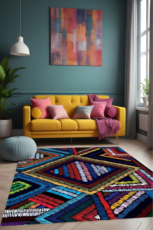 Dijital Baskı Rengarenk Desenli Dekoratif Makinada Yıkanabilir Salon Koridor Yolluk Halısı