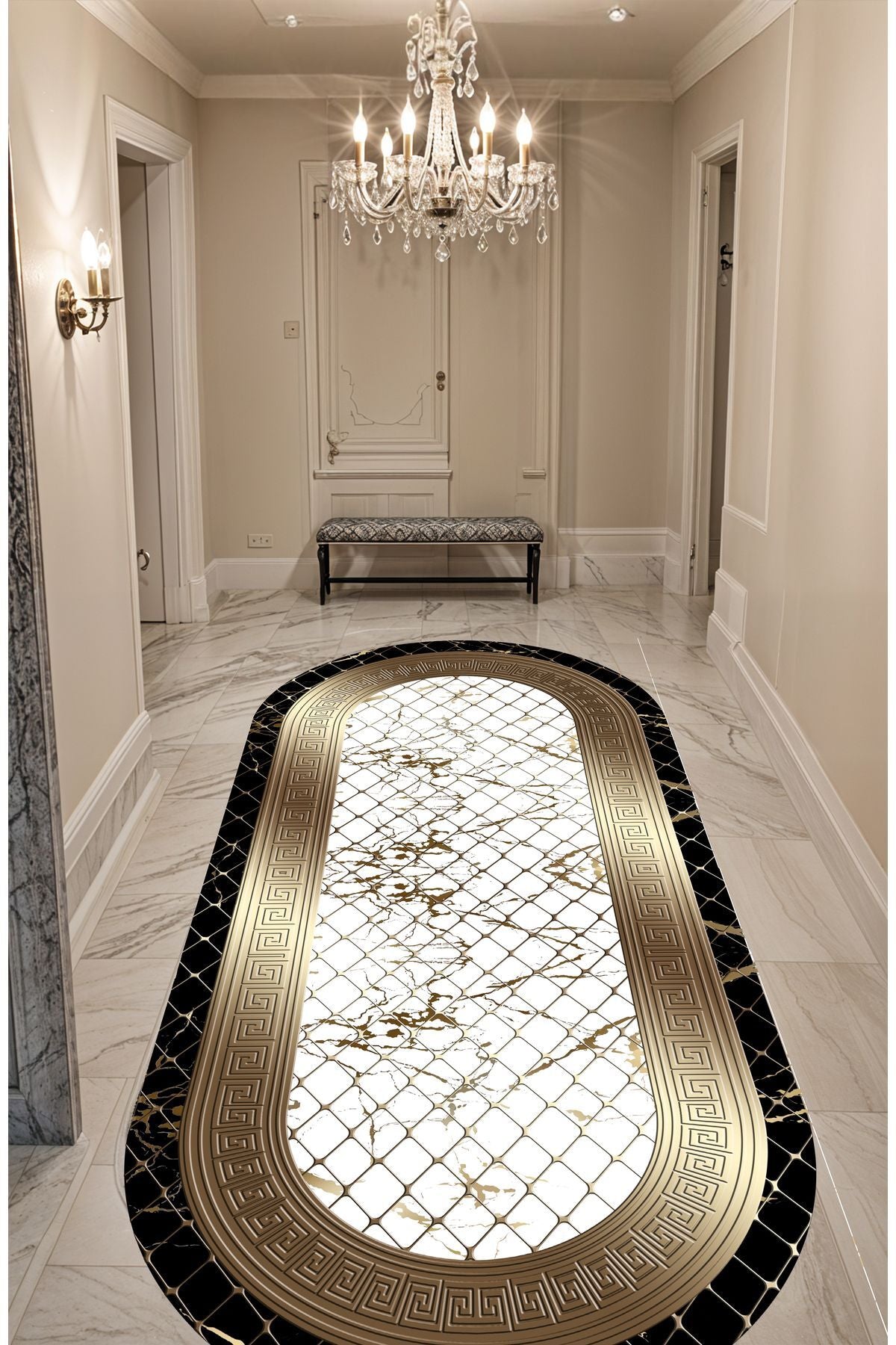 Dijital Baskı File Desen Gold Siyah Çerçeveli Oval Makinada Yıkanabilir Salon ve Yolluk Halısı