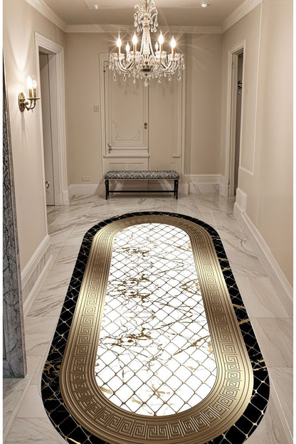 Dijital Baskı File Desen Gold Siyah Çerçeveli Oval Makinada Yıkanabilir Salon ve Yolluk Halısı