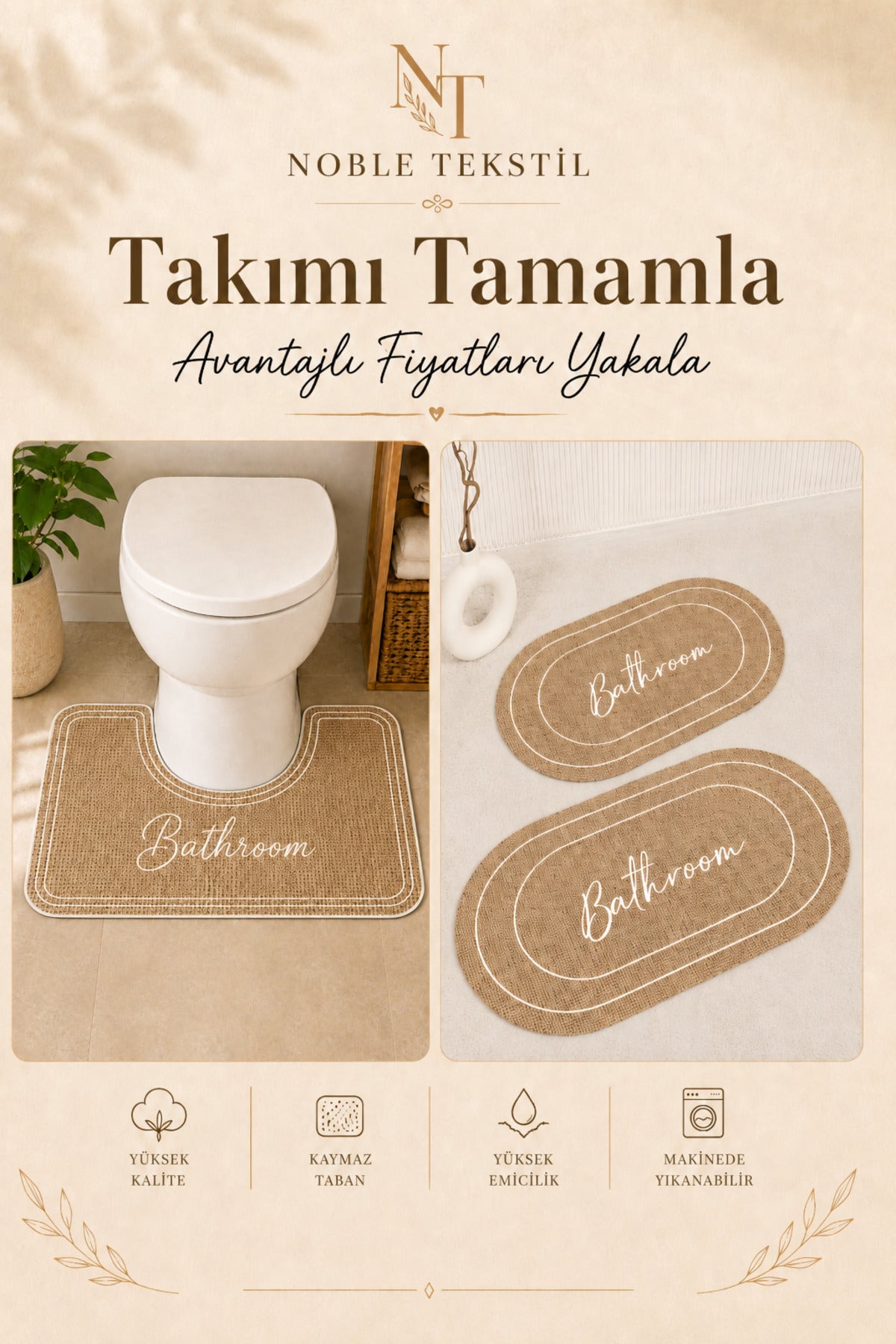 Dijital Kaymaz Yıkanabilir Hasır Görünümlü Klozet Paspas Modern Banyo Paspası Banyo Dekor 70x40