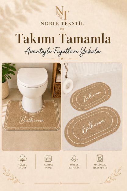 Dijital Kaymaz Yıkanabilir Hasır Görünümlü Klozet Paspas Modern Banyo Paspası Banyo Dekor 70x40