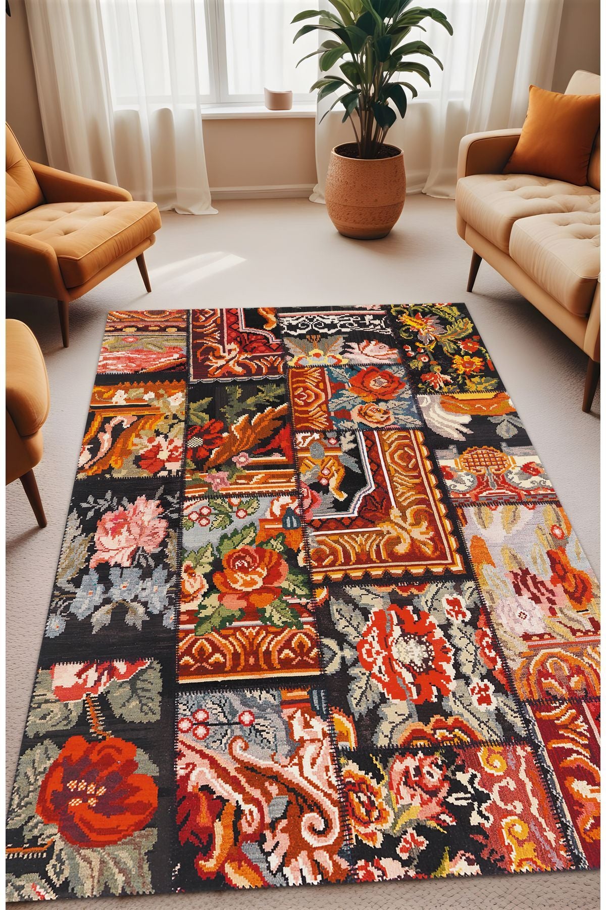 Dijital Baskı Karabağ Patchwork Desen Dekoratif Makinada Yıkanabilir Salon Mutfak ve Yolluk Halısı