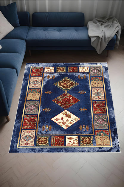 Dijital Baskı Klasik Desenli Kilim Görünümlü Dekoratif Makinada Yıkanabilir Salon ve Yolluk Halısı