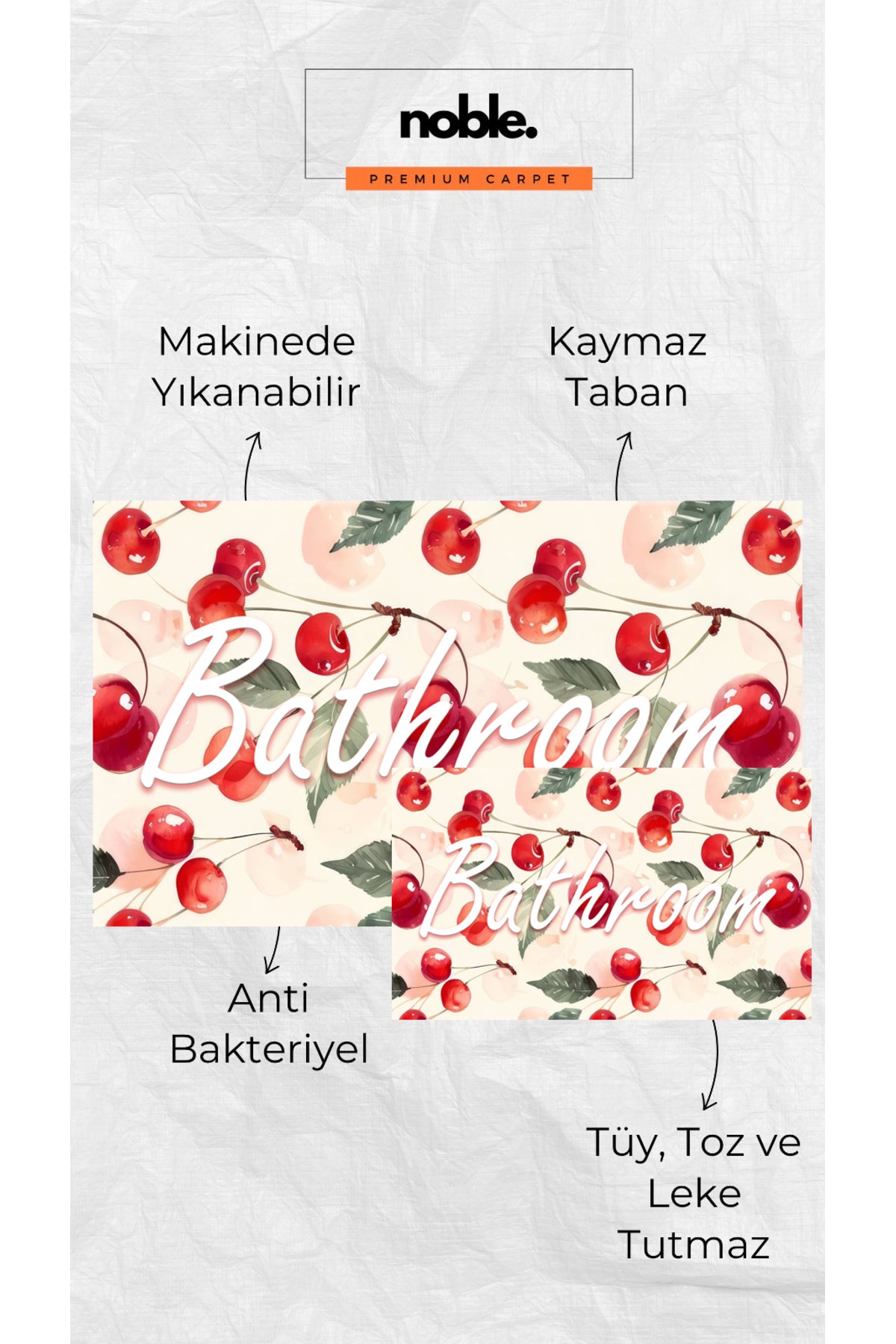 Dijital Baskı Yaz Temalı Kiraz Desenli Modern 2'li Set Banyo Paspası Banyo Halısı (60x100 40x60)