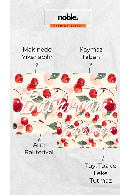 Dijital Baskı Yaz Temalı Kiraz Desenli Modern 2'li Set Banyo Paspası Banyo Halısı (60x100 40x60)