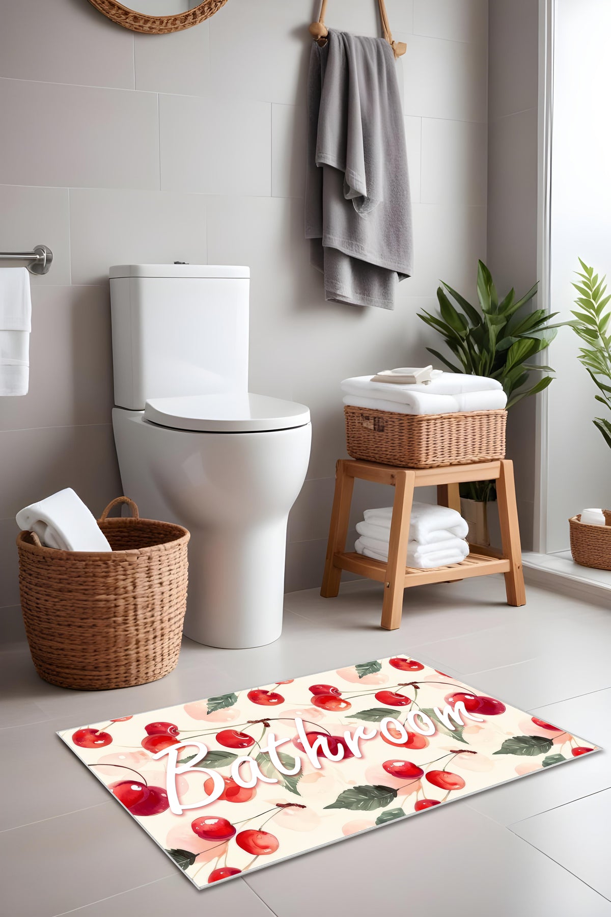 Dijital Baskı Yaz Temalı Kiraz Desenli Modern 2'li Set Banyo Paspası Banyo Halısı (60x100 40x60)