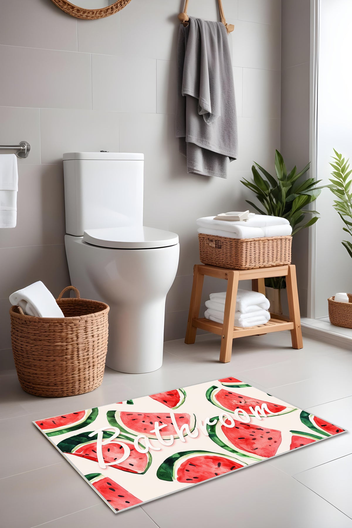 Dijital Baskı Yaz Temalı Karpuz Desenli Modern 2'li Set Banyo Paspası Banyo Halısı (60x100 40x60)