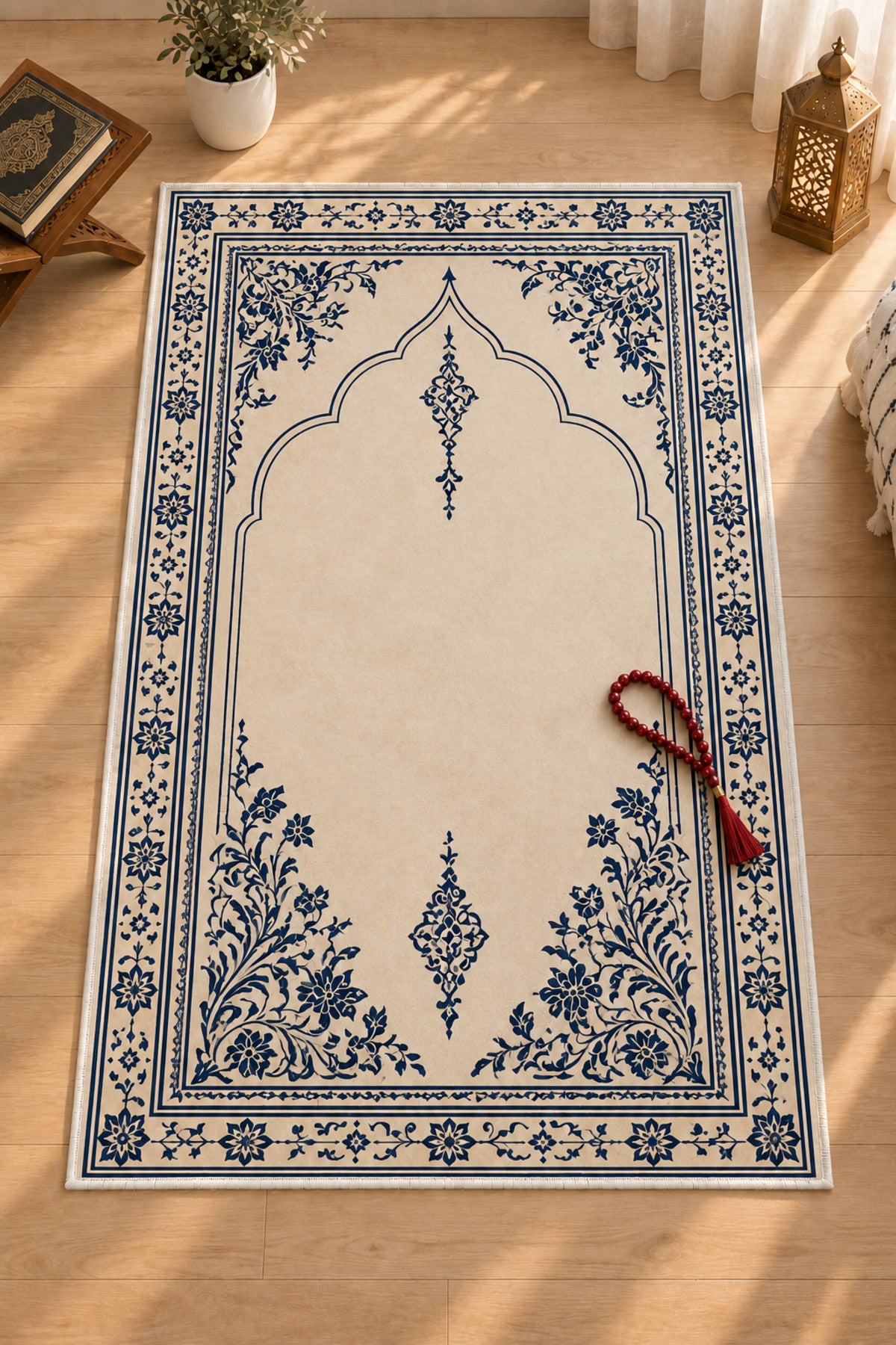 Dijital Baskı Tok Taban Yumuşak Krem Kaymaz Taban Seccade Namazlık 70x110
