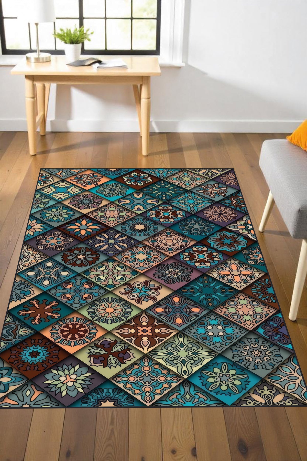 Makinede yıkanabilir renkli patchwork desen kaymaz taban leke tutmaz salon halısı ve yolluk