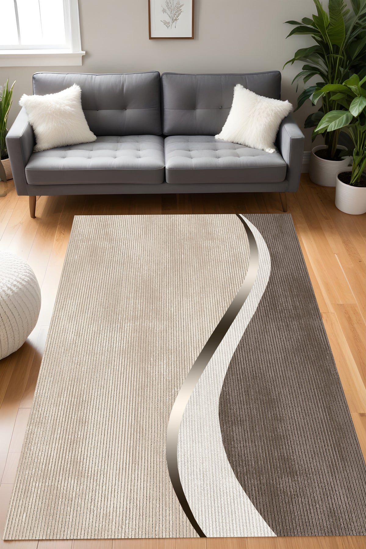 Dijital Baskı Kahverengi Estetik Modern Çizgili Dekoratif Makinada Yıkanabilir Yolluk Salon Halısı