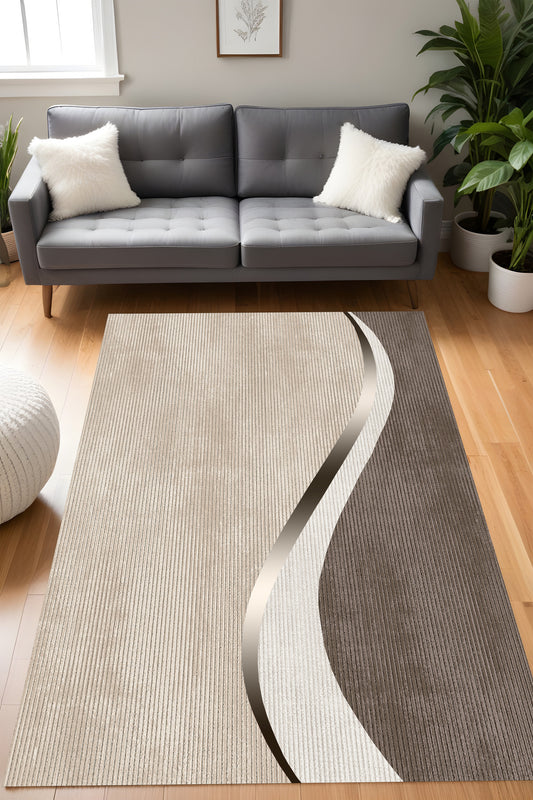 Dijital Baskı Kahverengi Estetik Modern Çizgili Dekoratif Makinada Yıkanabilir Yolluk Salon Halısı
