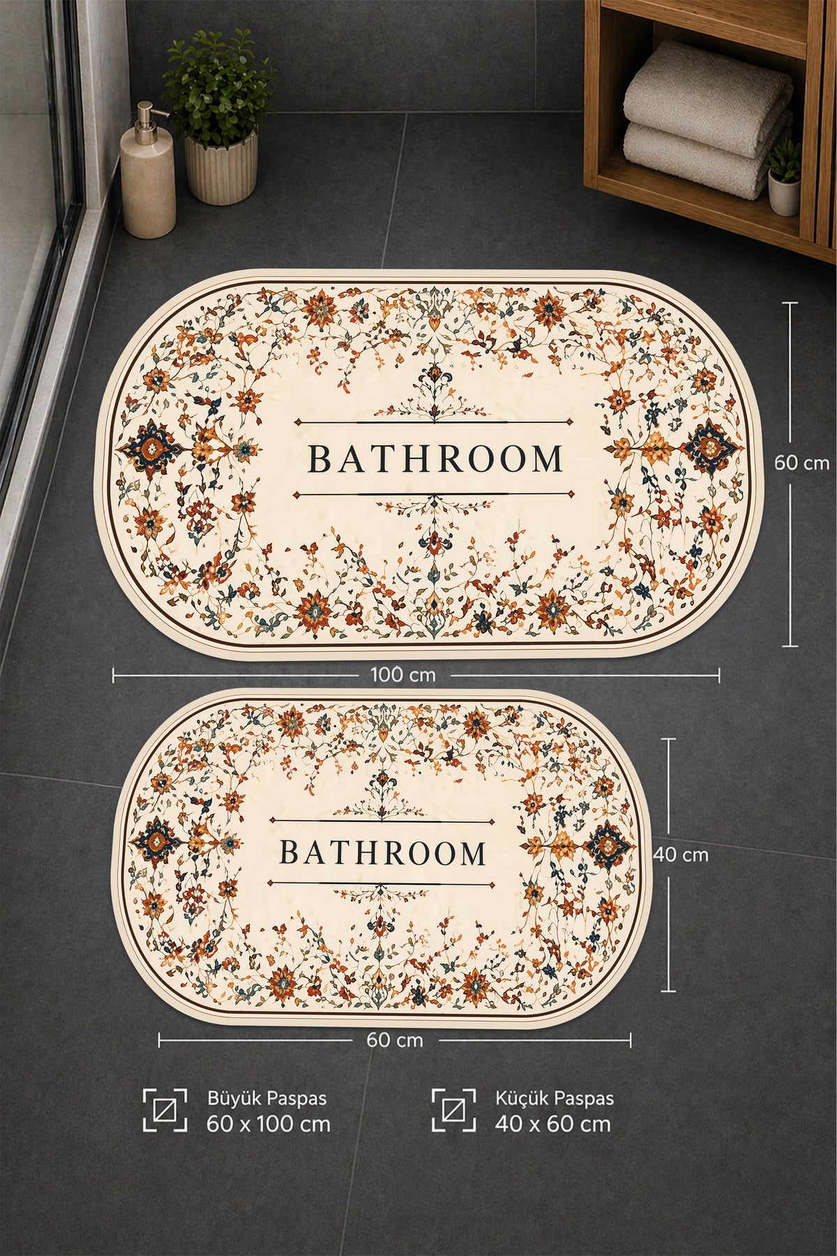 Dijital Baskı Modern Desenli Modern Banyo Halısı İkili Banyo Paspası (40cmx60cm)ve(60cmx100cm)