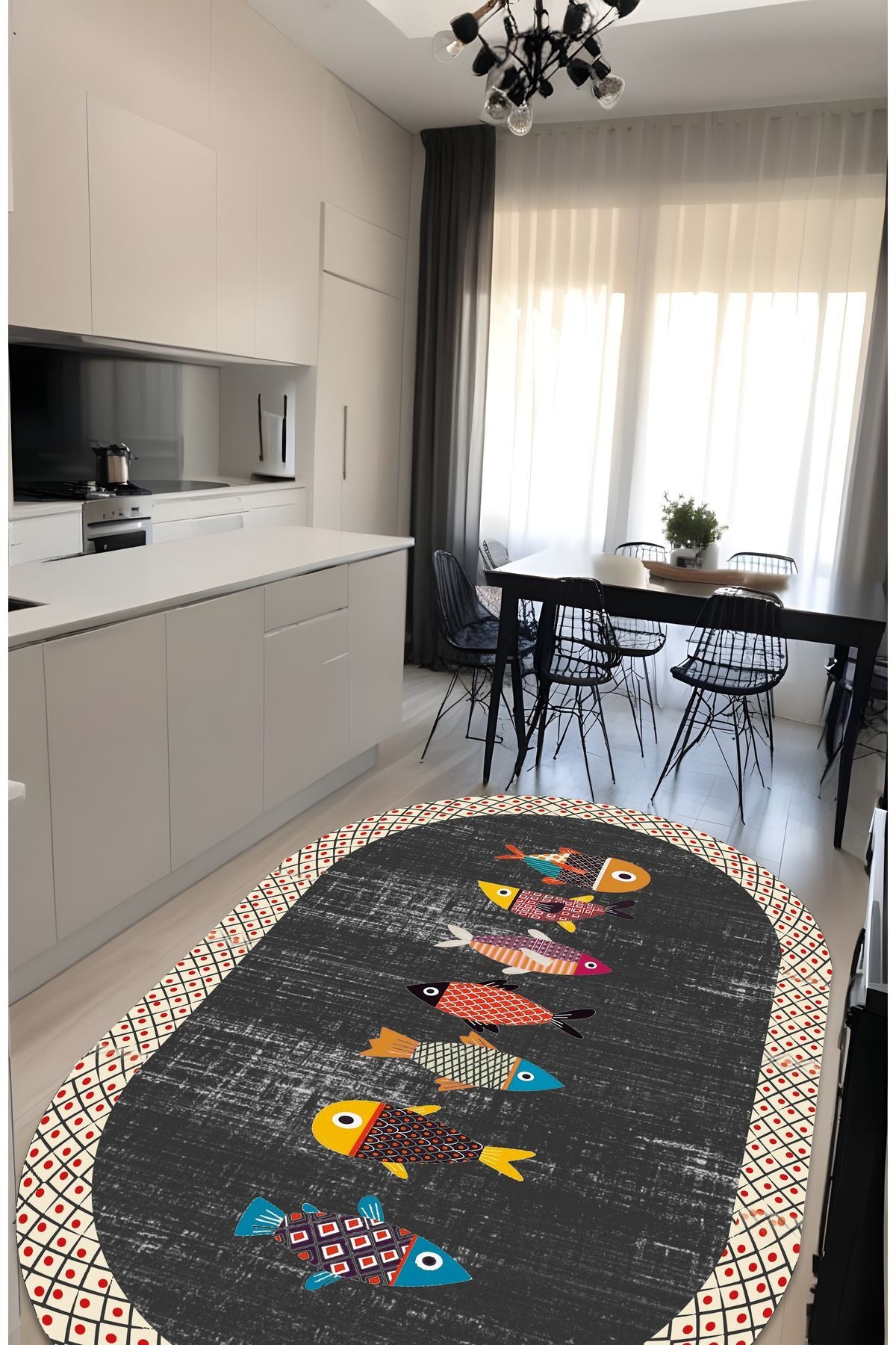 Dijital Baskı Balık Desenli Modern Dekoratif Makinada Yıkanabilir Oval Mutfak Çocuk ve Yolluk Halısı