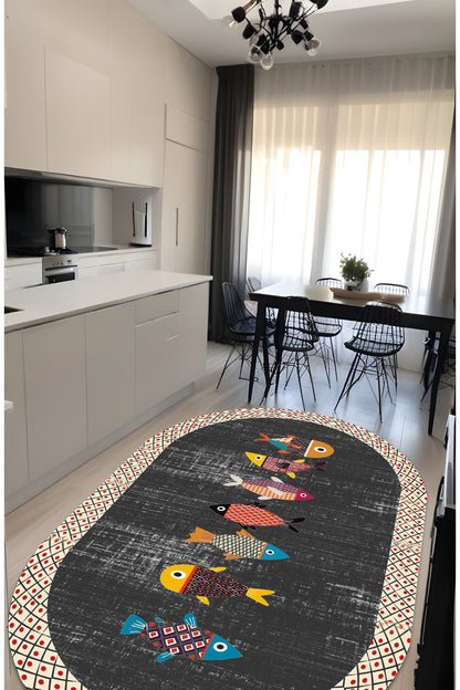 Dijital Baskı Balık Desenli Modern Dekoratif Makinada Yıkanabilir Oval Mutfak Çocuk ve Yolluk Halısı