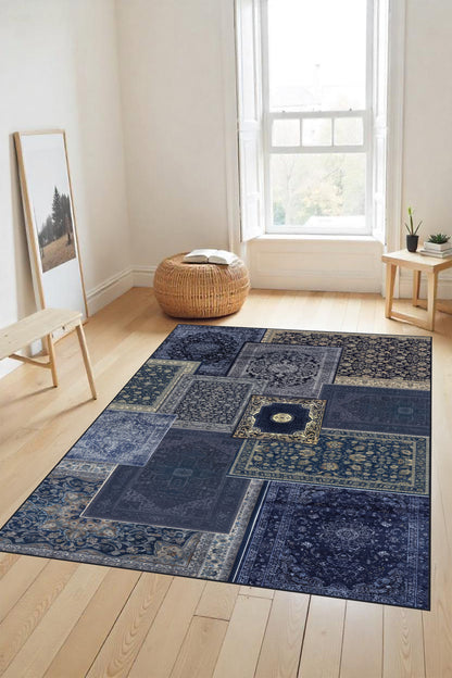Makinede yıkanabilir mavi temalı kaymaz taban leke tutmaz mutfak halısı salon halısı ve yolluk