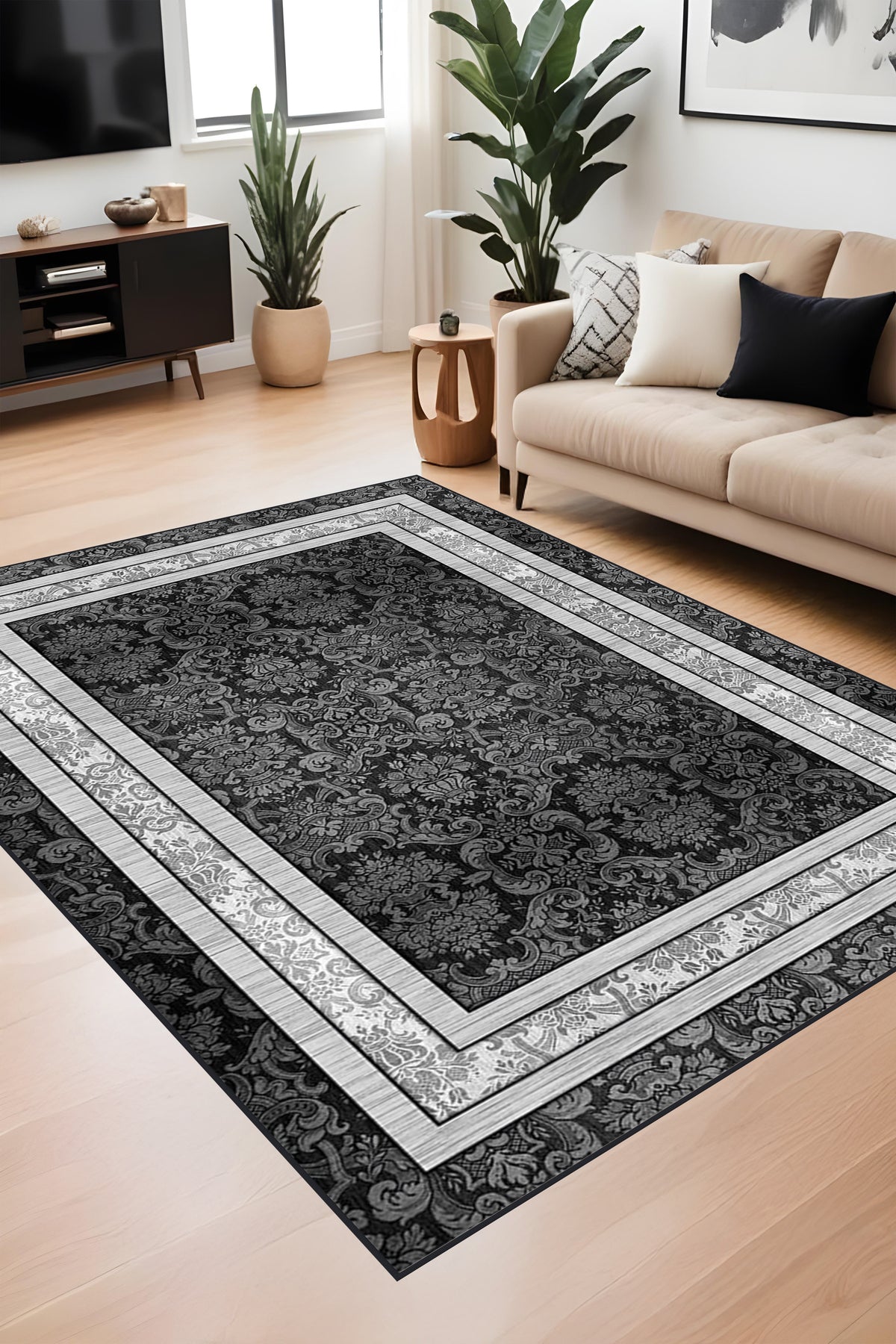 Dijital Baskı Klasik Desenli Çift Çerçeveli Dekoratif Makinada Yıkanabilir Salon ve Yolluk Halısı