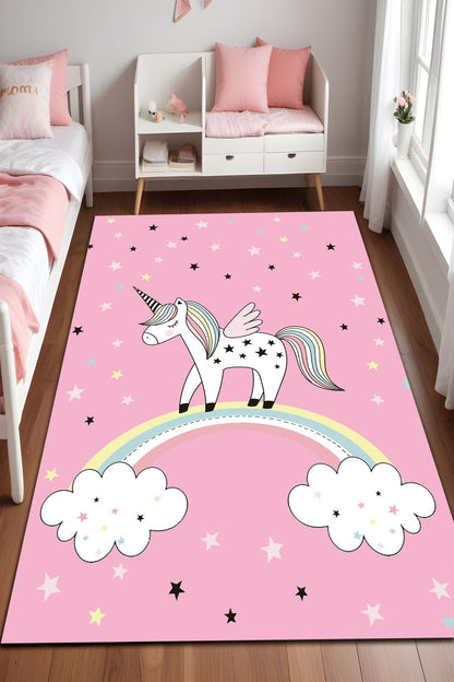 Dijital Baskı Pembe Unicorn Yıldız Desenli Dekoratif Makinada Yıkanabilir Çocuk Halısı