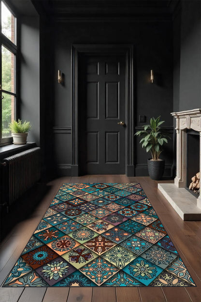 Makinede yıkanabilir renkli patchwork desen kaymaz taban leke tutmaz salon halısı ve yolluk