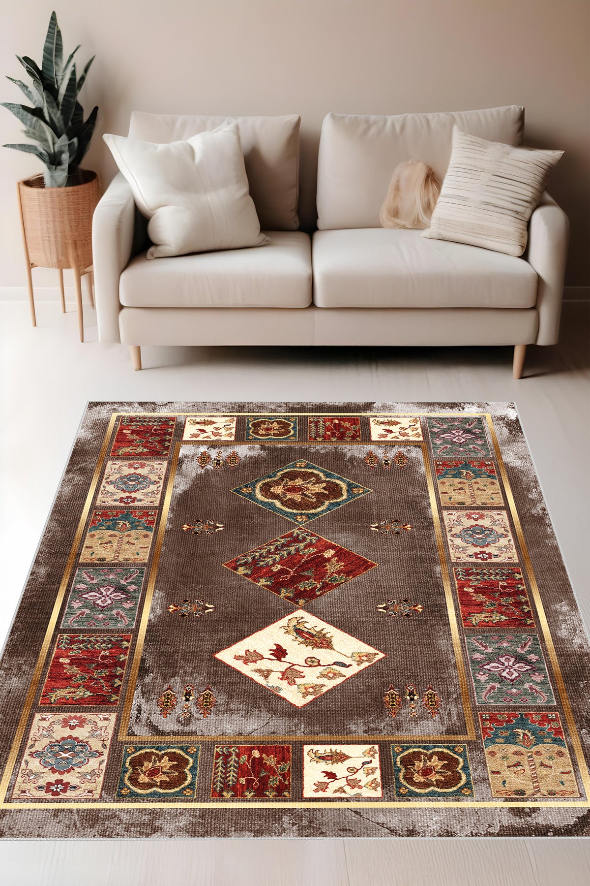 Dijital Baskı Klasik Desenli Kilim Görünümlü Dekoratif Makinada Yıkanabilir Salon ve Yolluk Halısı
