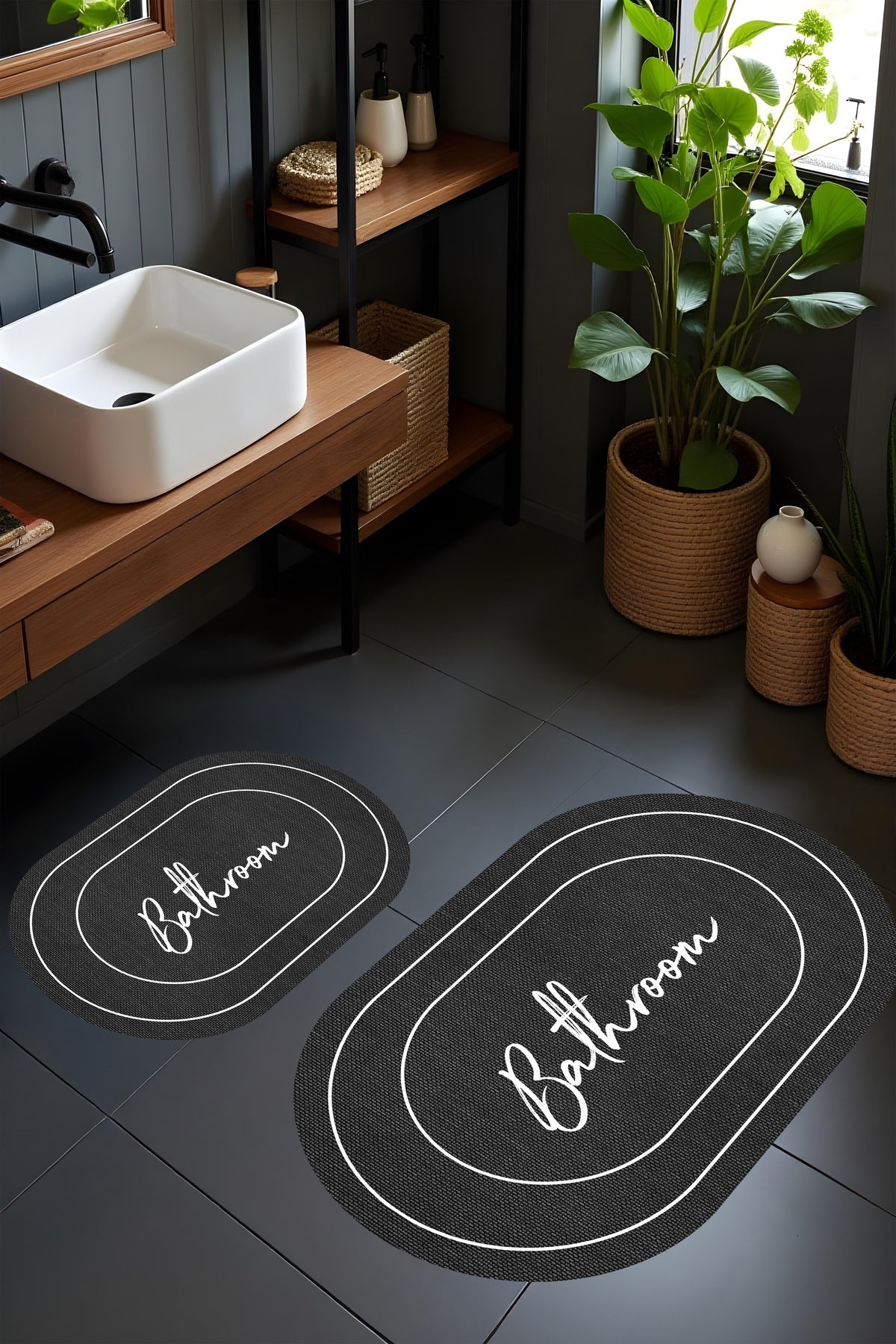 Dijital Baskı Atrasit Hasır Desenli Modern Banyo Halısı İkili Banyo Paspası(40cmx60cm)ve(60cmx100cm)
