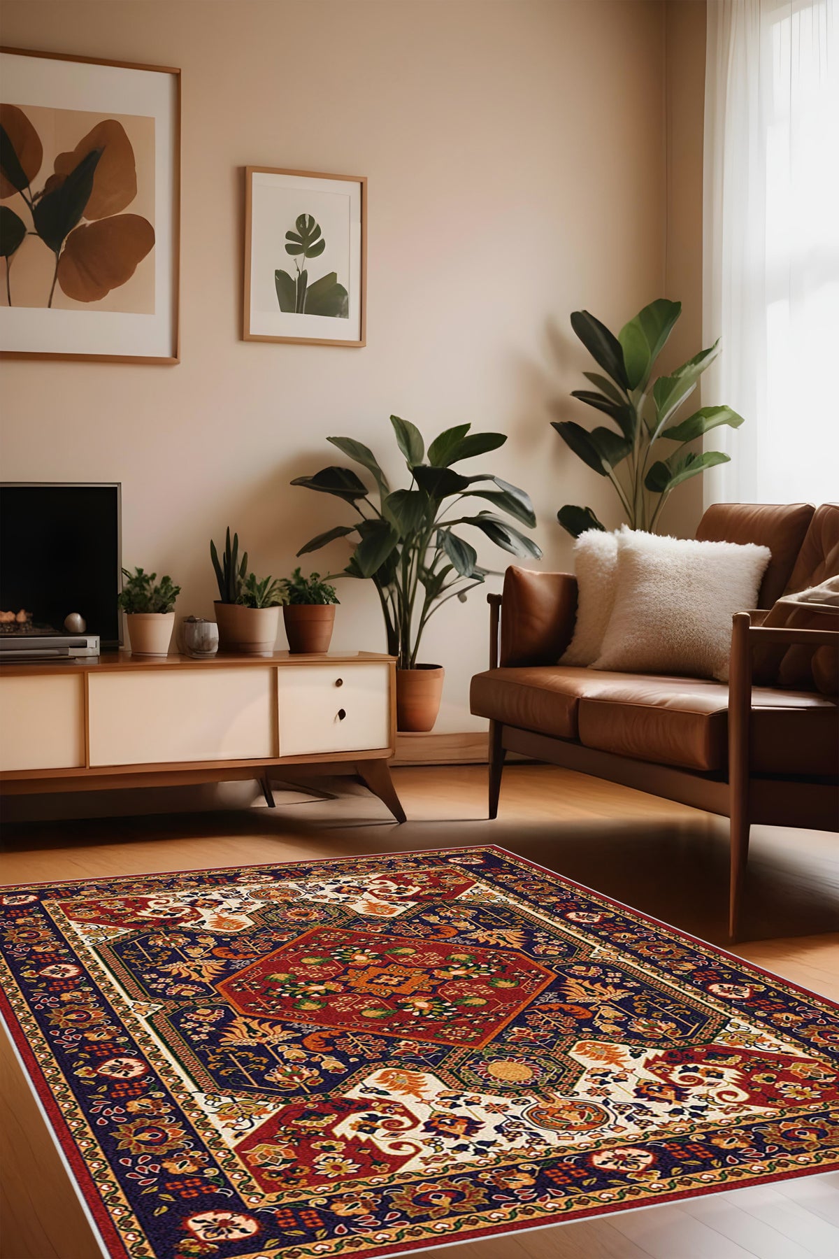 Dijital Baskı Klasik Desenli Çerçeveli Dekoratif Makinada Yıkanabilir Salon ve Yolluk Halısı