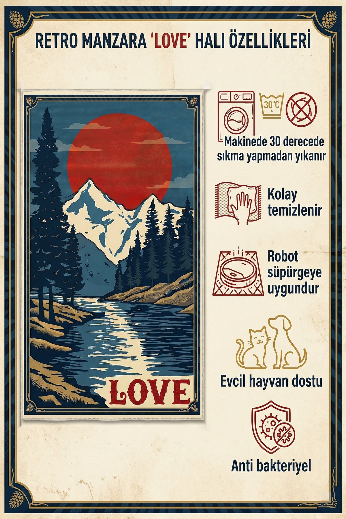 Dijital Yıkanabilir Etnik Retro Desen Kaymaz Taban Salon Halısı Mutfak Halısı Yolluk Çocuk Halısı
