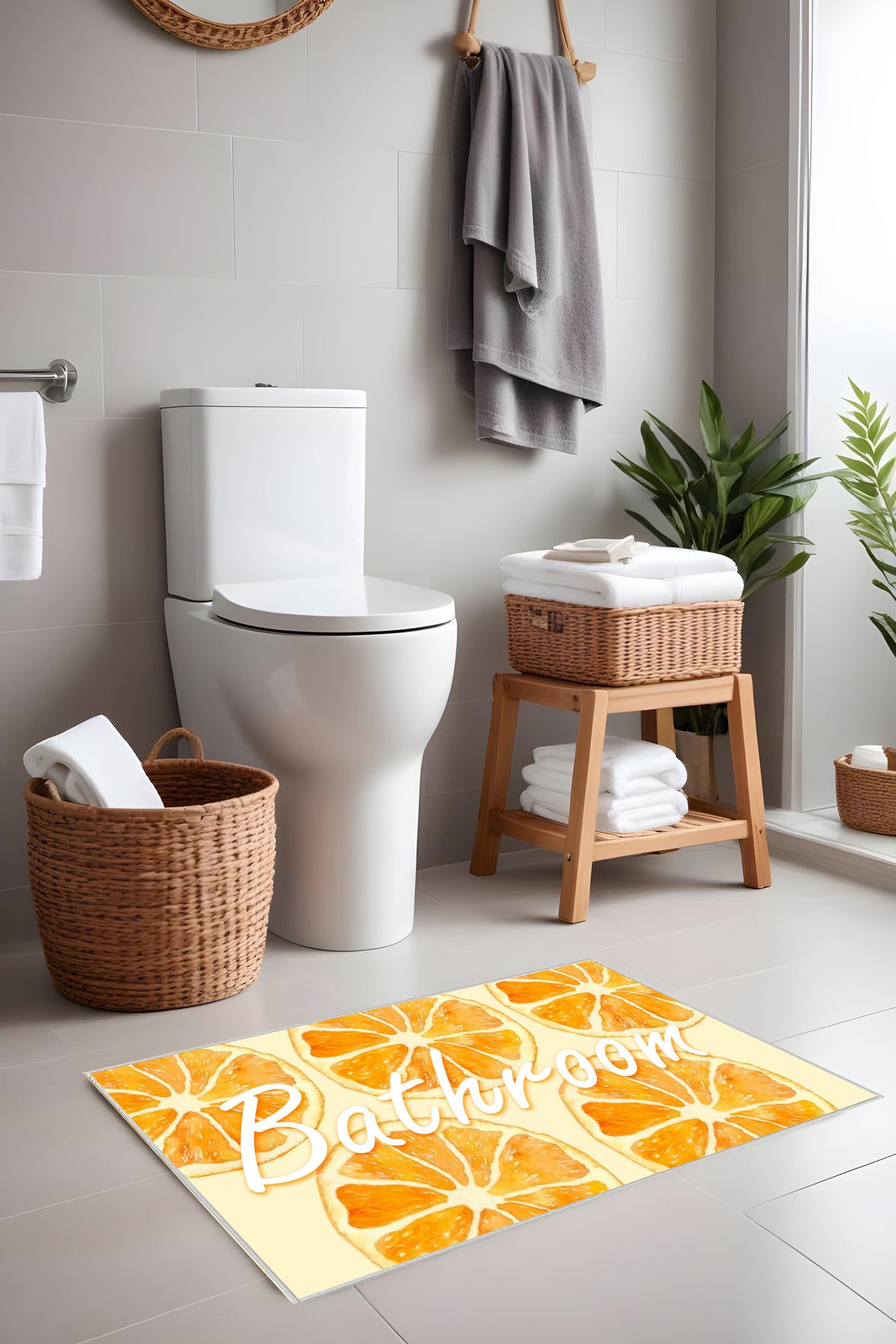 Dijital Baskı Yaz Temalı Portakal Desenli Modern 2'li Set Banyo Paspası Banyo Halısı (60x100 40x60)