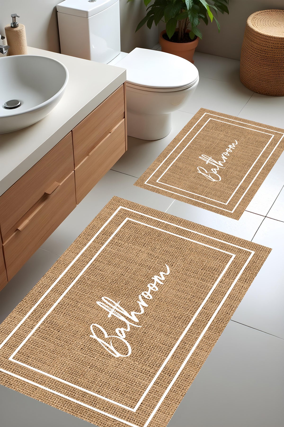 Dijital Baskı Hasır Desenli Modern Banyo Halısı İkili Banyo Paspası(40cmx60cm)ve(60cmx100cm)