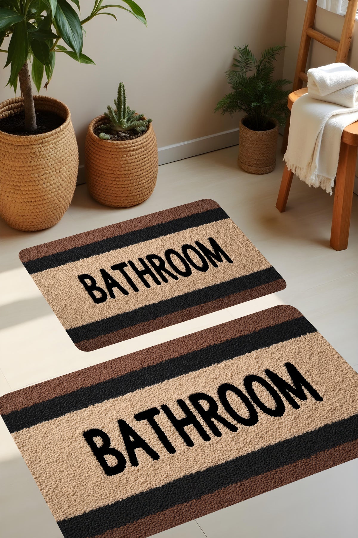 Dijital Baskı Krem Kahve Tonlu Modern Banyo Halısı İkili Banyo Paspası(40cmx60cm)ve(60cmx100cm)