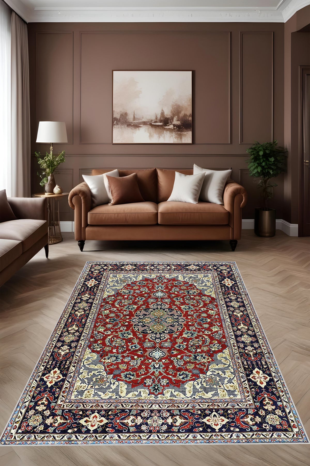 Dijital Baskı Klasik Desenli Çerçeveli Dekoratif Makinada Yıkanabilir Salon ve Yolluk Halısı